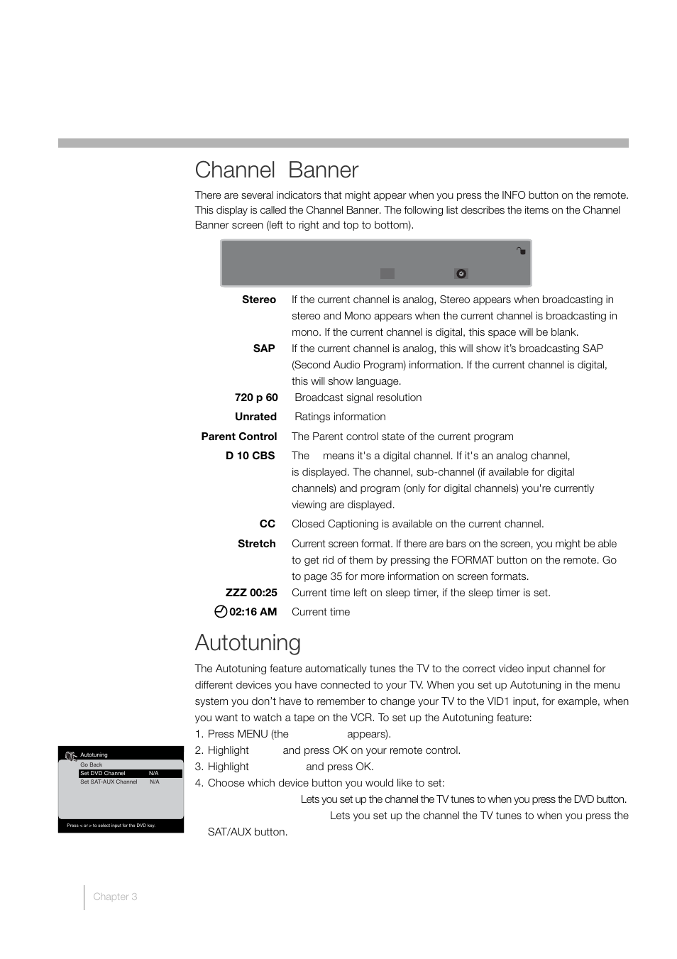 3 using the tv’s features, Channel banner, Autotuning | RCA L52FHD38 User Manual | Page 30 / 52