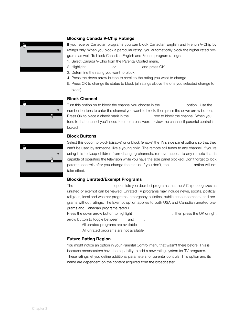 Blocking canada v-chip ratings, Block channel, Block buttons | Blocking unrated/exempt programs, Future rating region | RCA L52FHD38 User Manual | Page 34 / 52