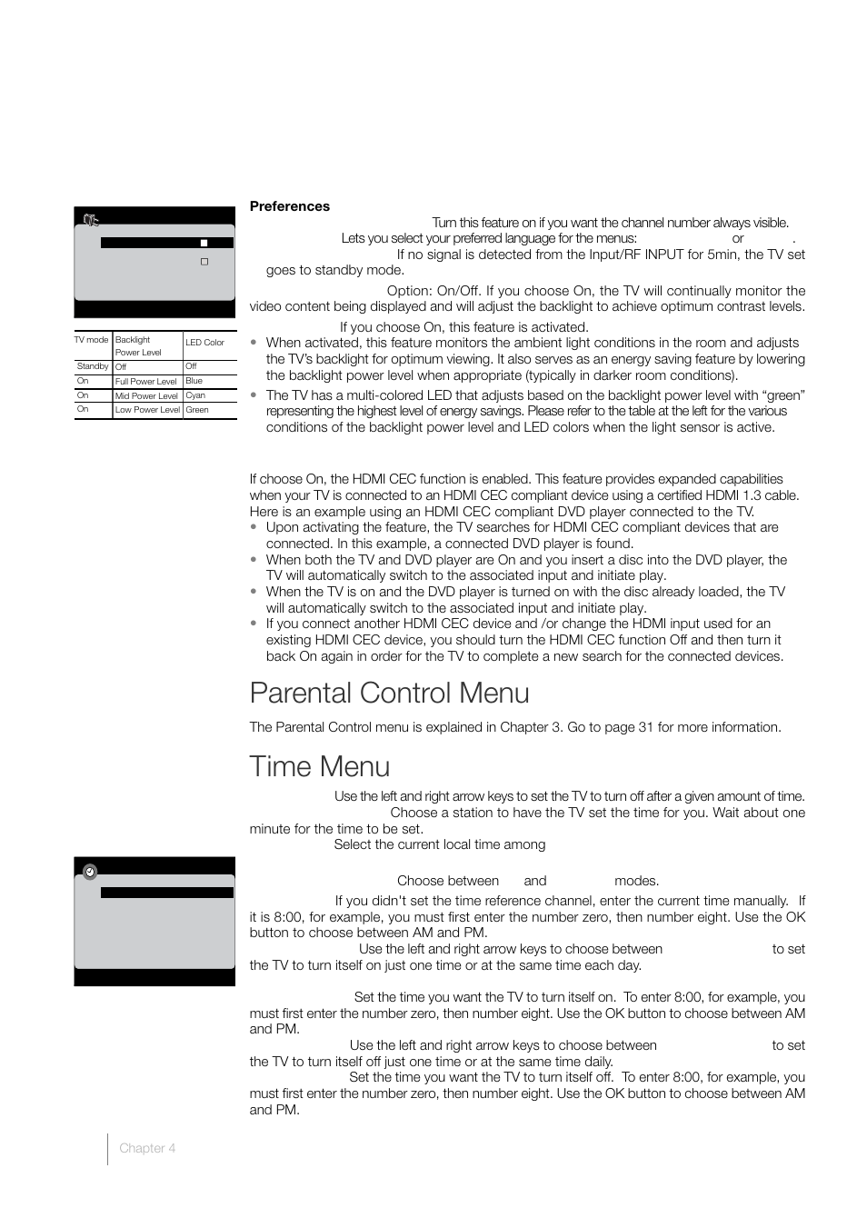 Parental control menu, Time menu | RCA L52FHD38 User Manual | Page 40 / 52