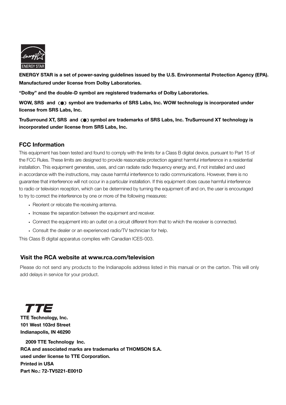 Fcc information | RCA L52FHD38 User Manual | Page 52 / 52