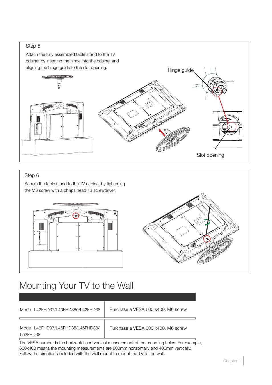 Mounting your tv to the wall | RCA L52FHD38 User Manual | Page 9 / 52