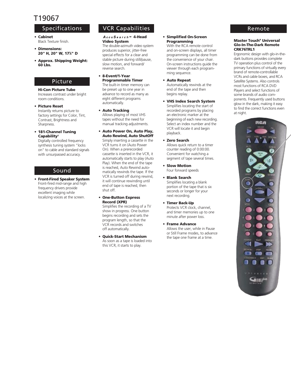 Remote, Specifications, Picture | Sound, Vcr capabilities | RCA T19067 User Manual | Page 2 / 4