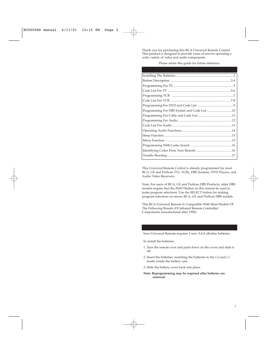 RCA RCU600RS User Manual | Page 2 / 12
