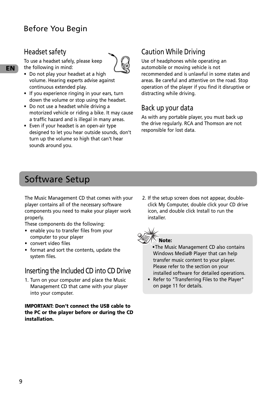 Headset safety, Caution while driving, Back up your data | Software setup, Inserting the included cd into cd drive, Before you begin headset safety | RCA M4002BL User Manual | Page 10 / 30