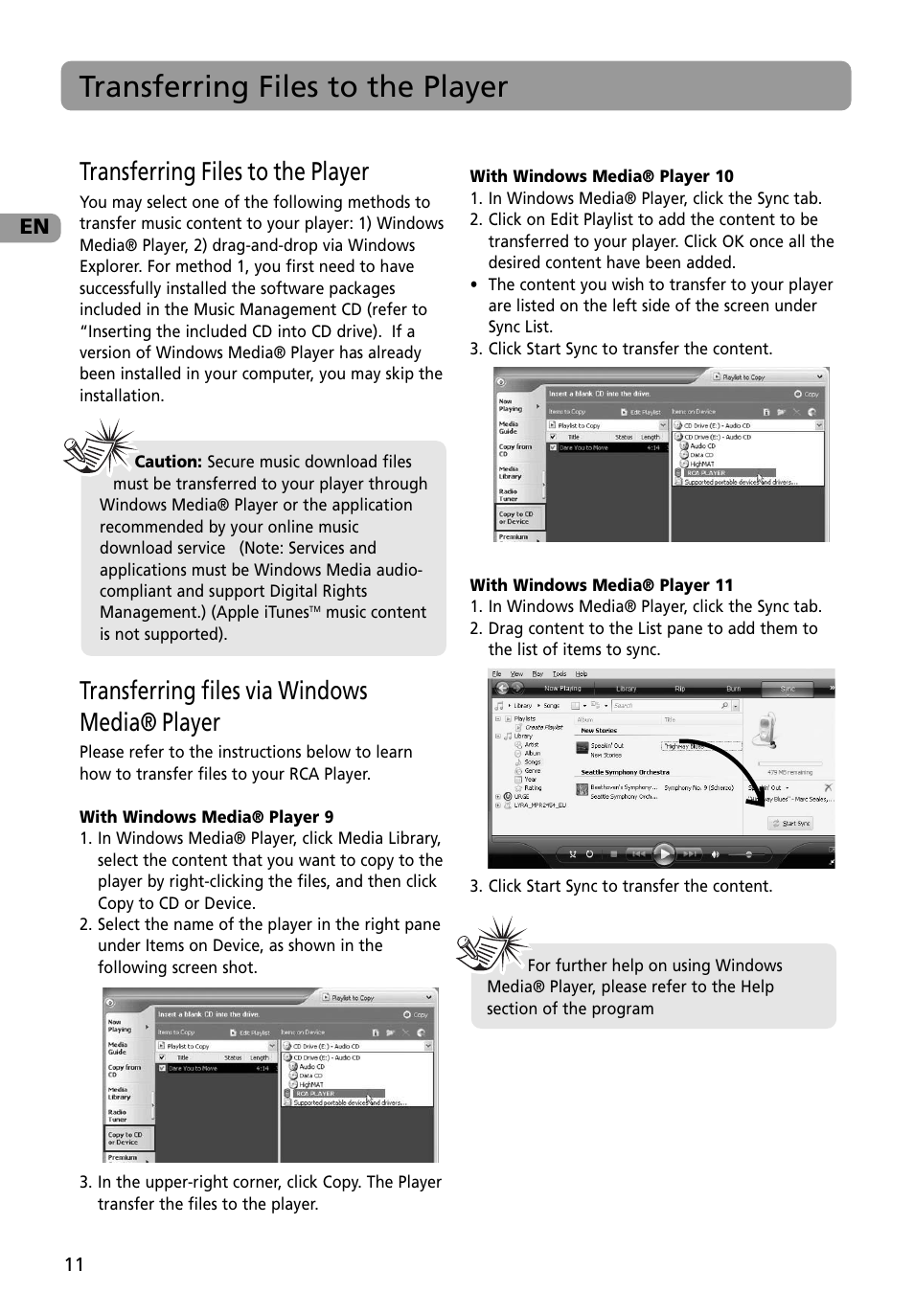 Transferring files to the player, Transferring files via windows media player, Transferring files via windows media® player | RCA M4002BL User Manual | Page 12 / 30