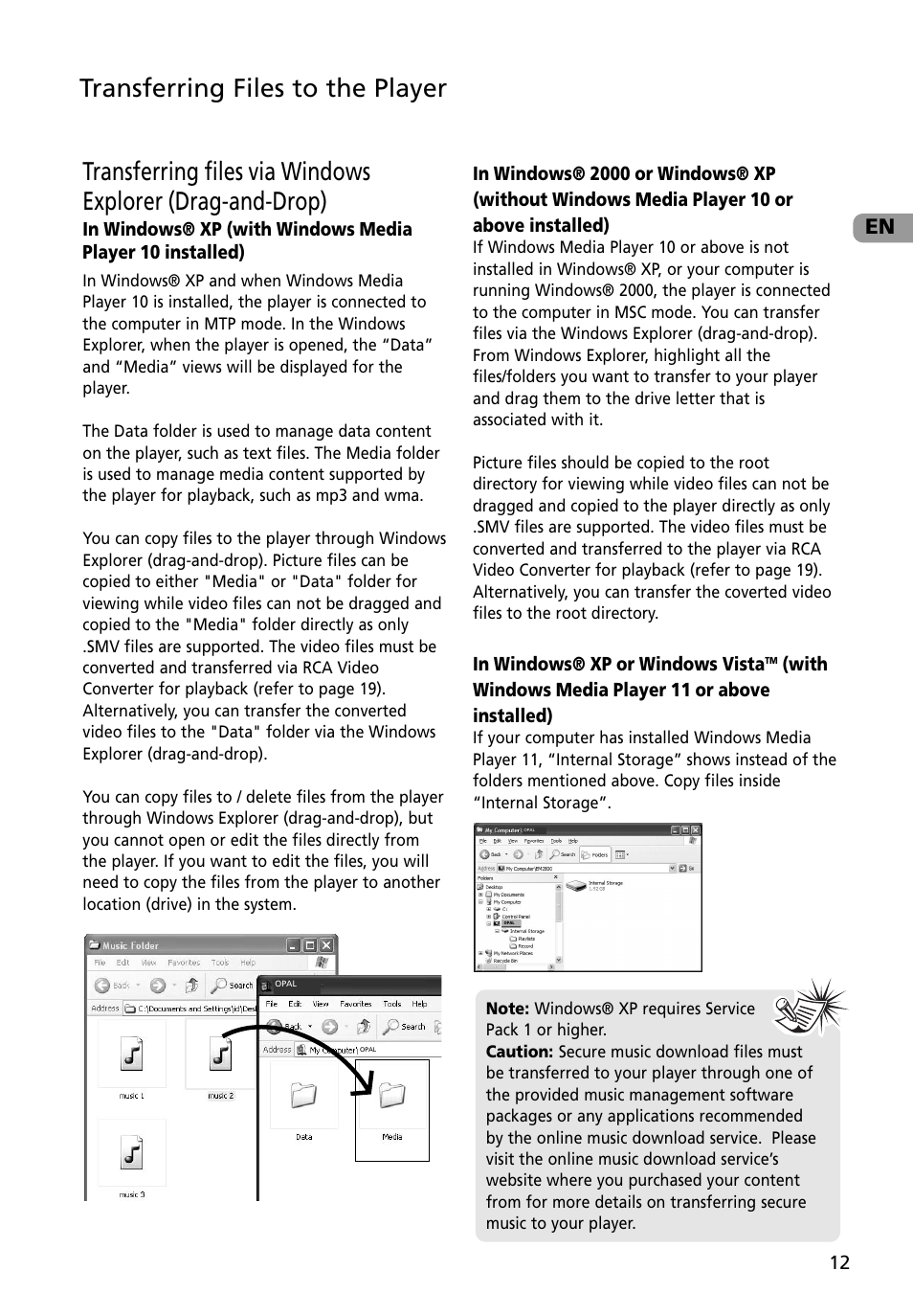 Transferring files to the player, With windows media player 11 or above installed) | RCA M4002BL User Manual | Page 13 / 30