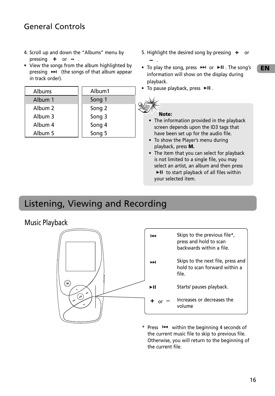 Listening, viewing and recording, Music playback, General controls | RCA M4002BL User Manual | Page 17 / 30