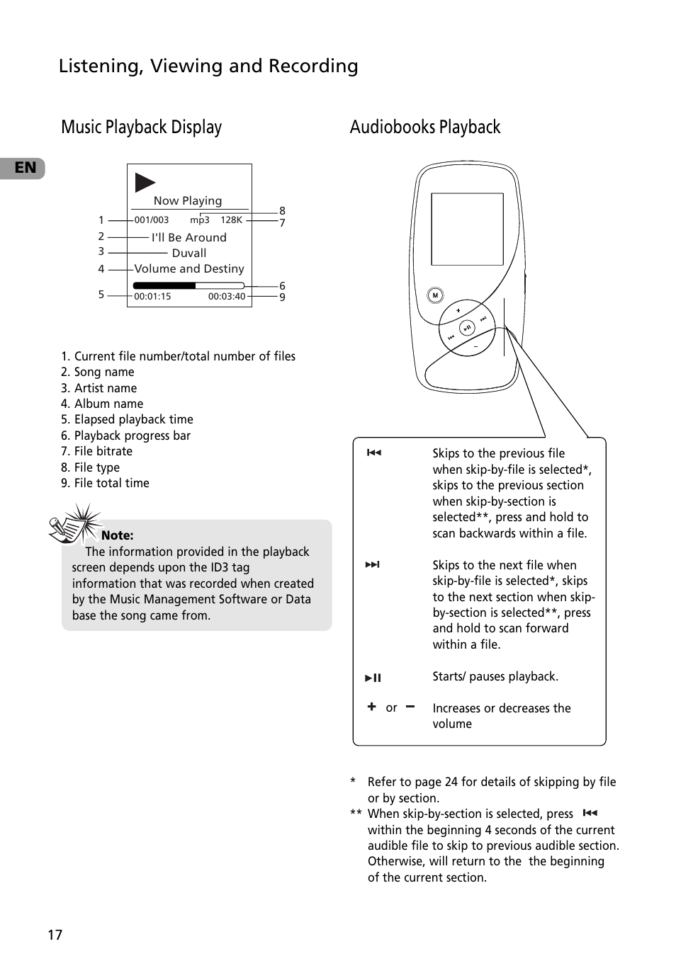 Music playback display, Audiobooks playback, Listening, viewing and recording | RCA M4002BL User Manual | Page 18 / 30