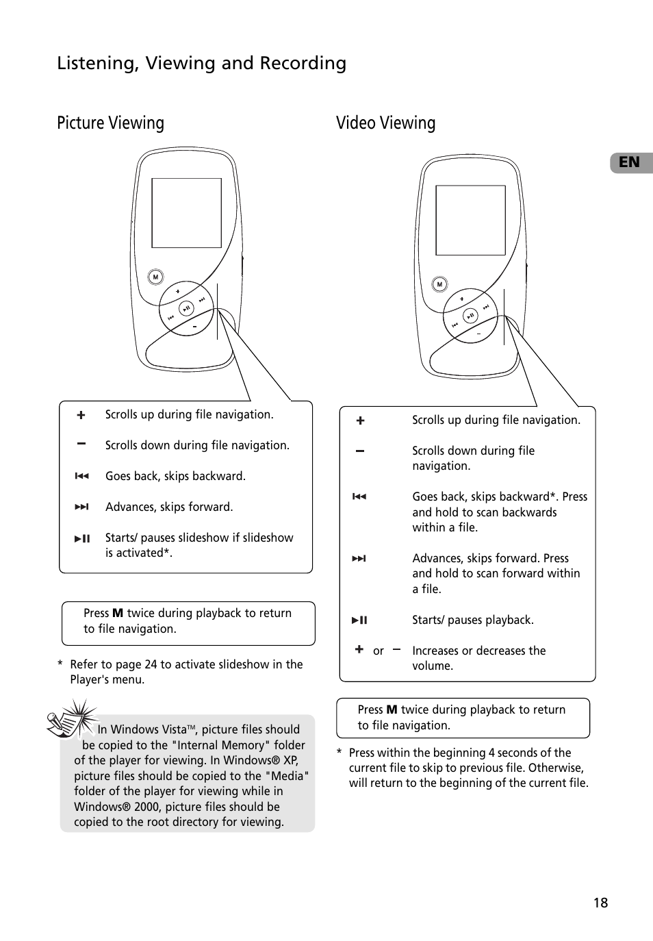 Picture viewing, Video viewing, Listening, viewing and recording | RCA M4002BL User Manual | Page 19 / 30