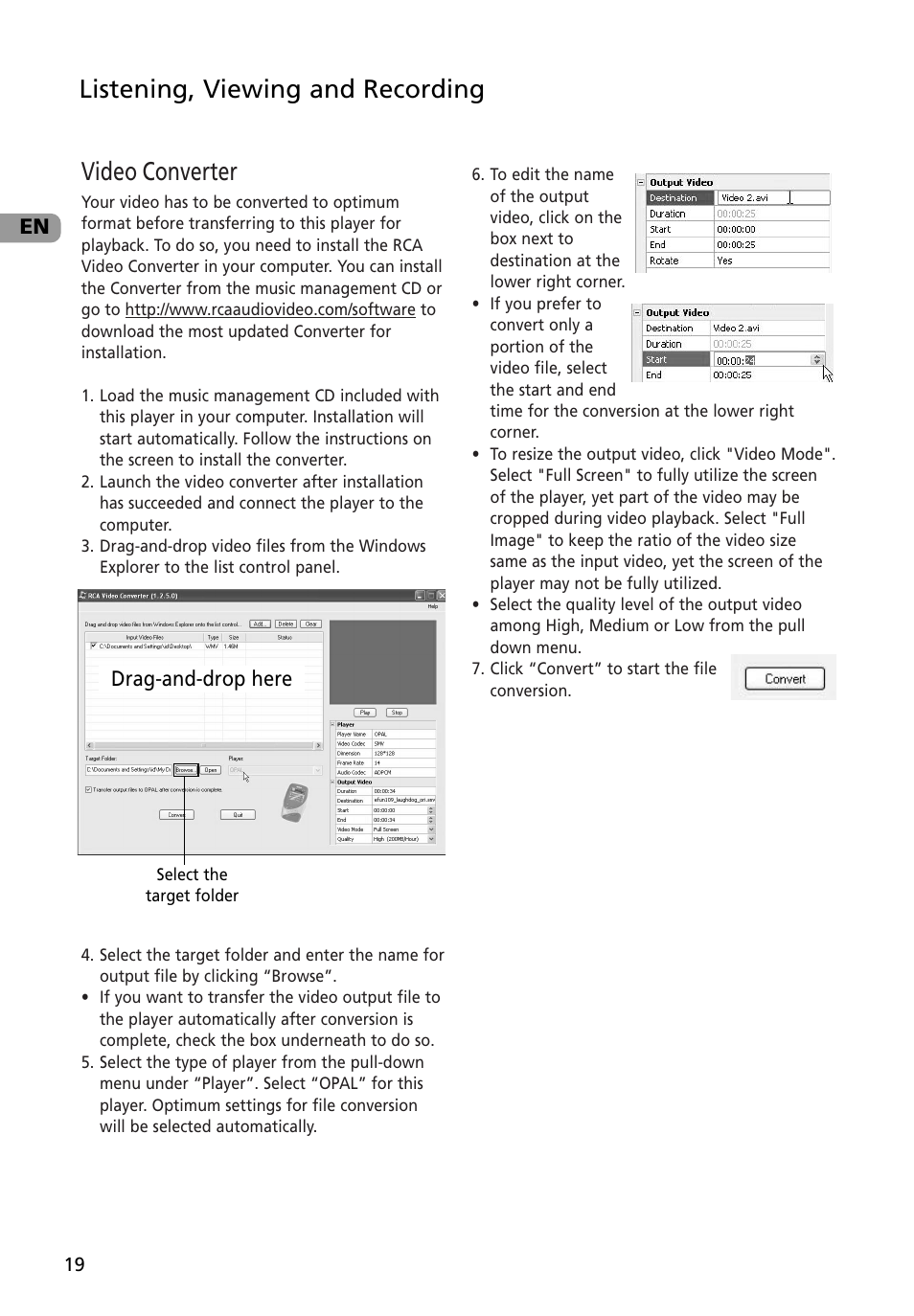 Video converter, Listening, viewing and recording, En drag-and-drop here | RCA M4002BL User Manual | Page 20 / 30