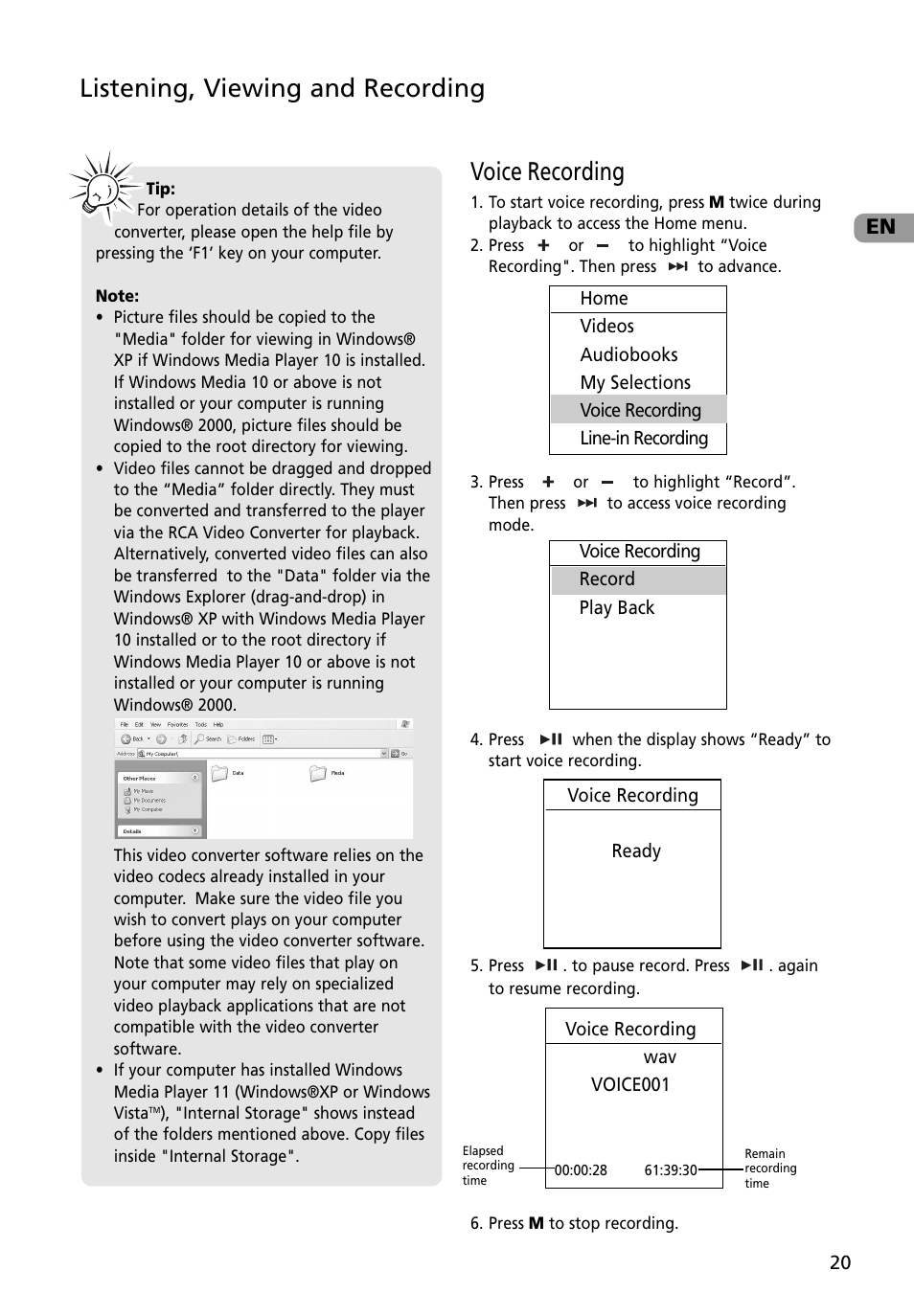 Voice recording, Listening, viewing and recording | RCA M4002BL User Manual | Page 21 / 30
