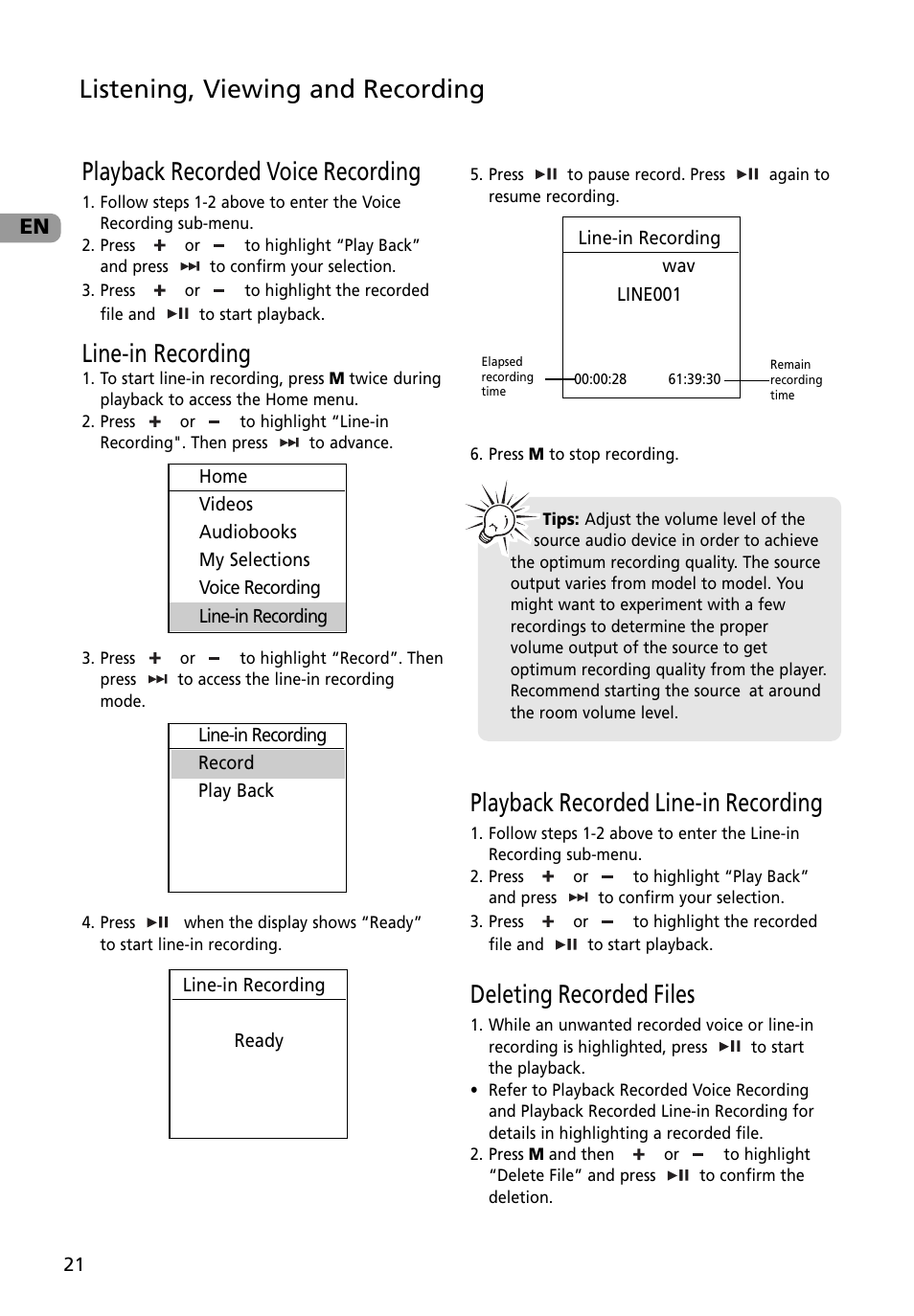 Playback recorded voice recording, Line-in recording, Playback recorded line-in recording | Deleting recorded files, Listening, viewing and recording | RCA M4002BL User Manual | Page 22 / 30