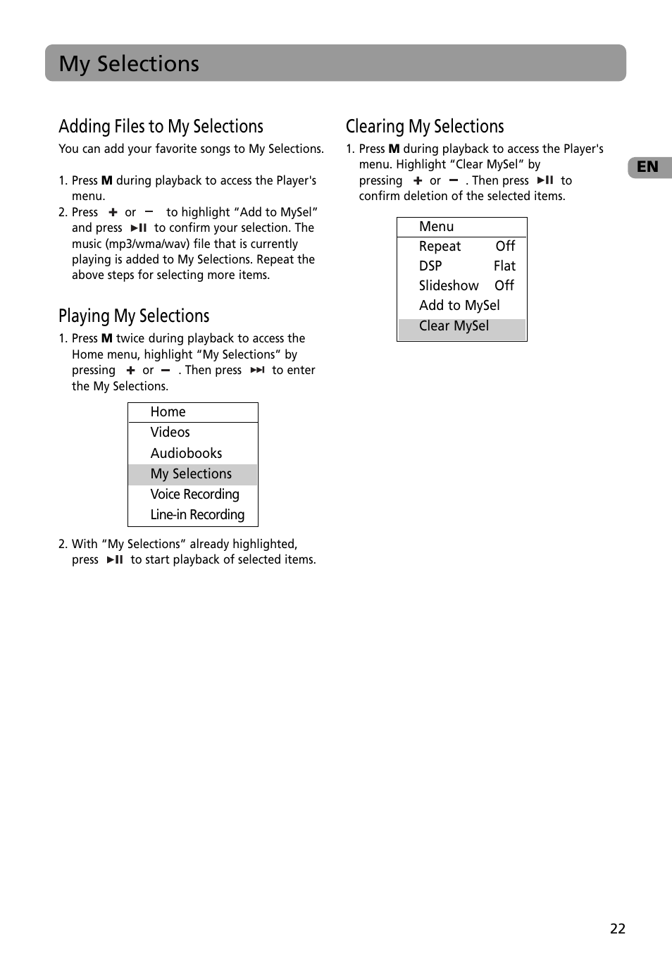 My selections, Adding files to my selections, Playing my selections | Clearing my selections | RCA M4002BL User Manual | Page 23 / 30