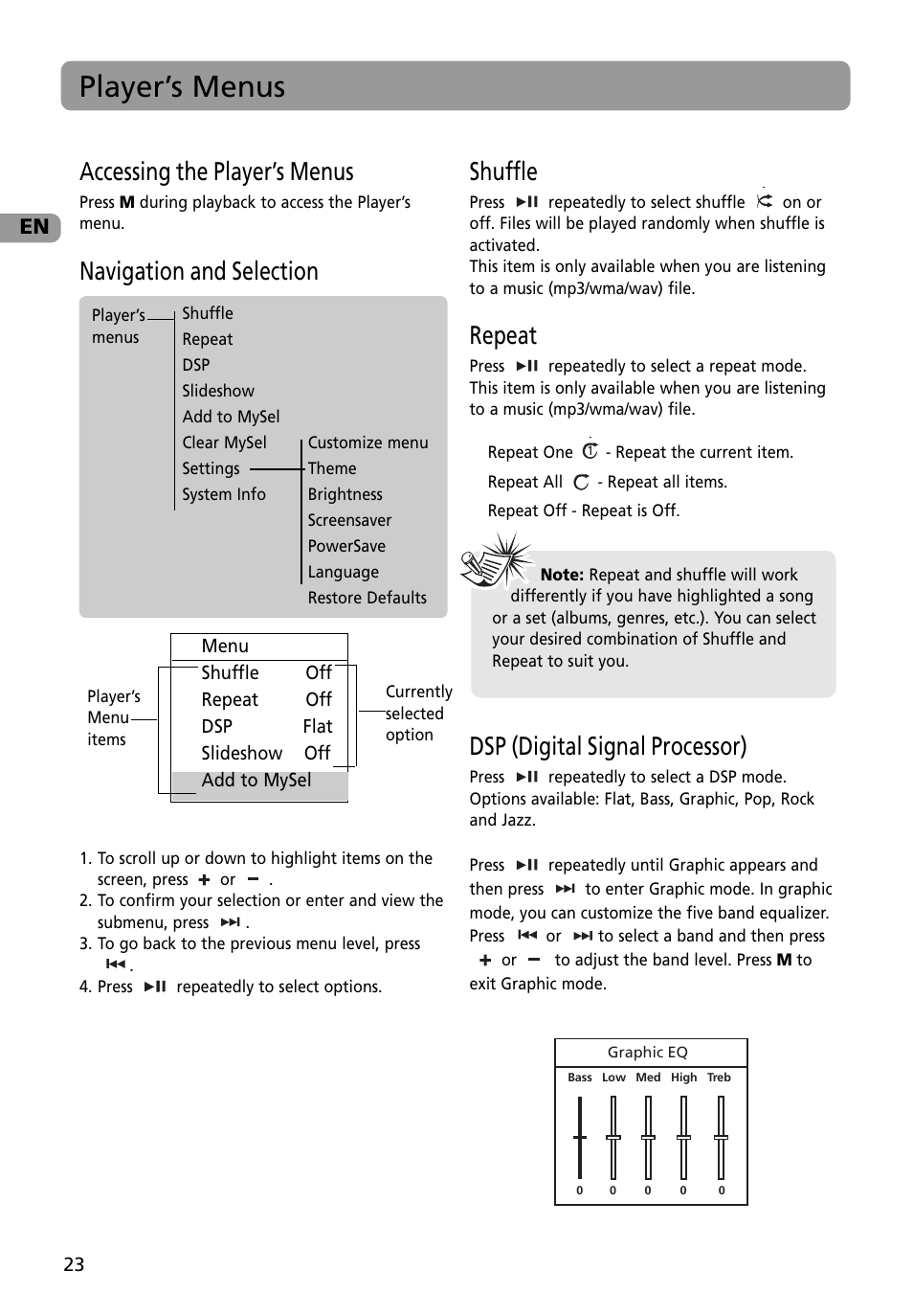 Player’s menus, Accessing the player’s menus, Navigation and selection | Shuffle, Repeat, Dsp (digital signal processor) | RCA M4002BL User Manual | Page 24 / 30