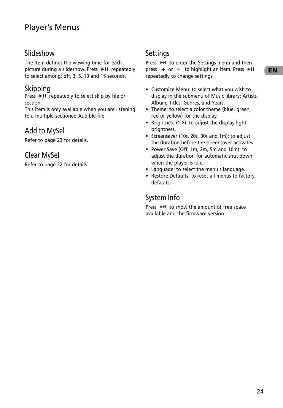 Slideshow, Skipping, Add to mysel | Clear mysel, Settings, System info, Player’s menus | RCA M4002BL User Manual | Page 25 / 30