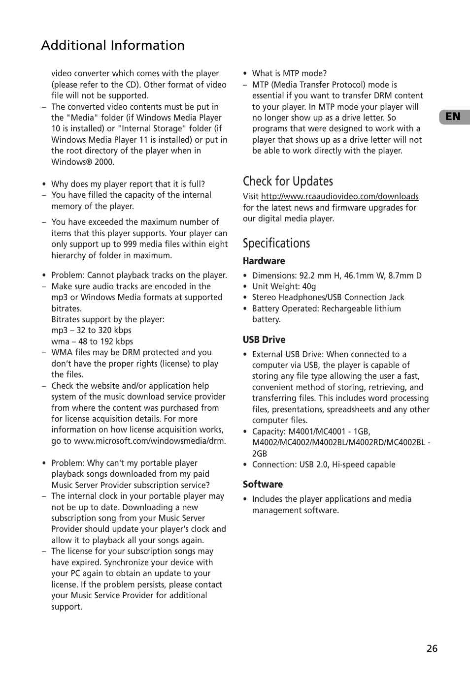 Check for updates, Specifications, Additional information | RCA M4002BL User Manual | Page 27 / 30