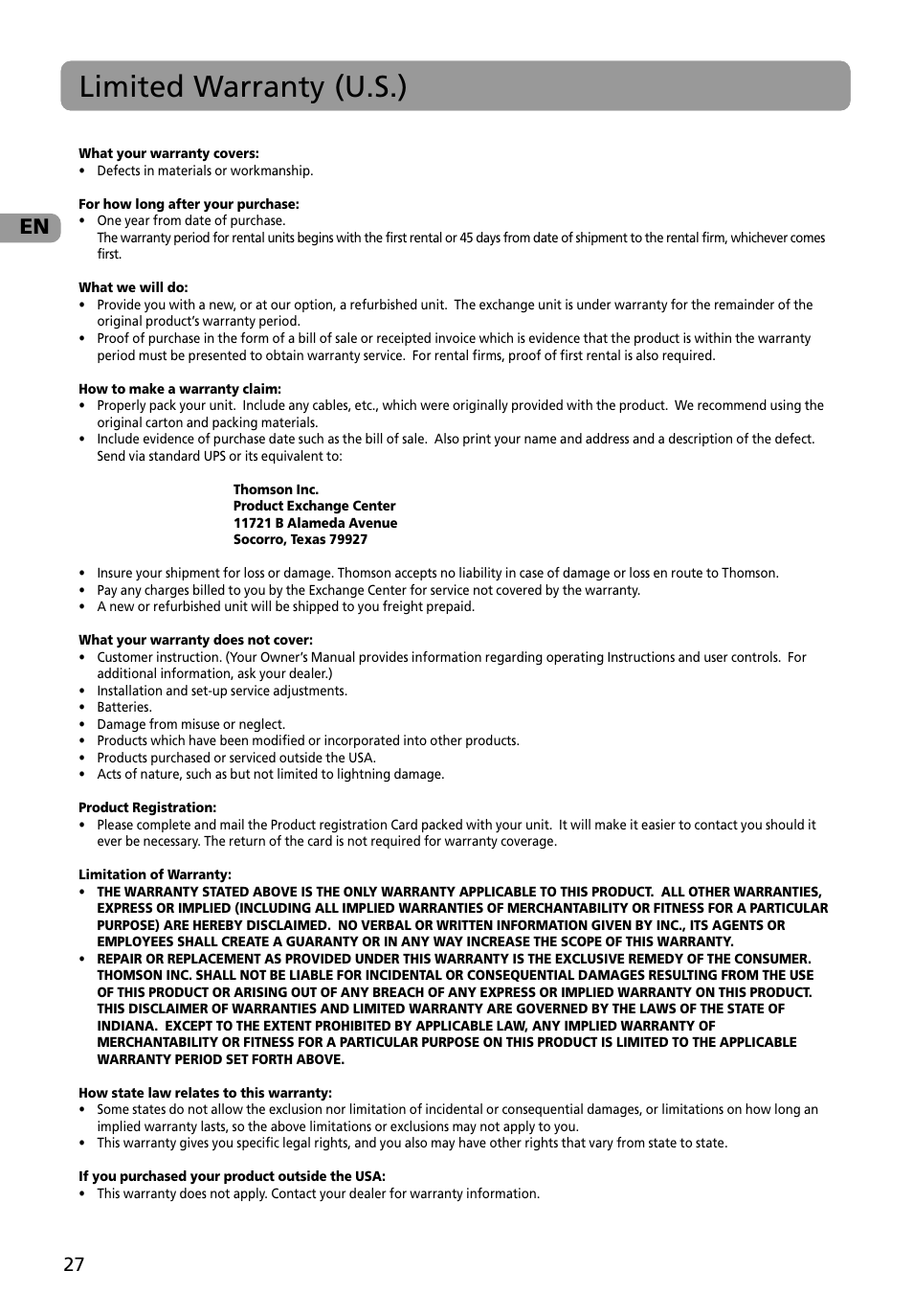 Limited warranty (u.s.) | RCA M4002BL User Manual | Page 28 / 30