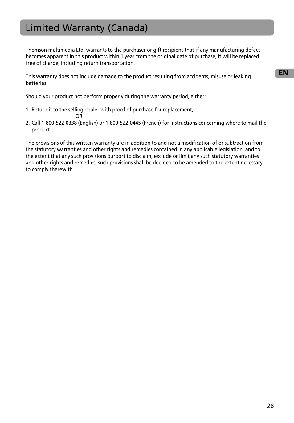 Limited warranty (canada) | RCA M4002BL User Manual | Page 29 / 30