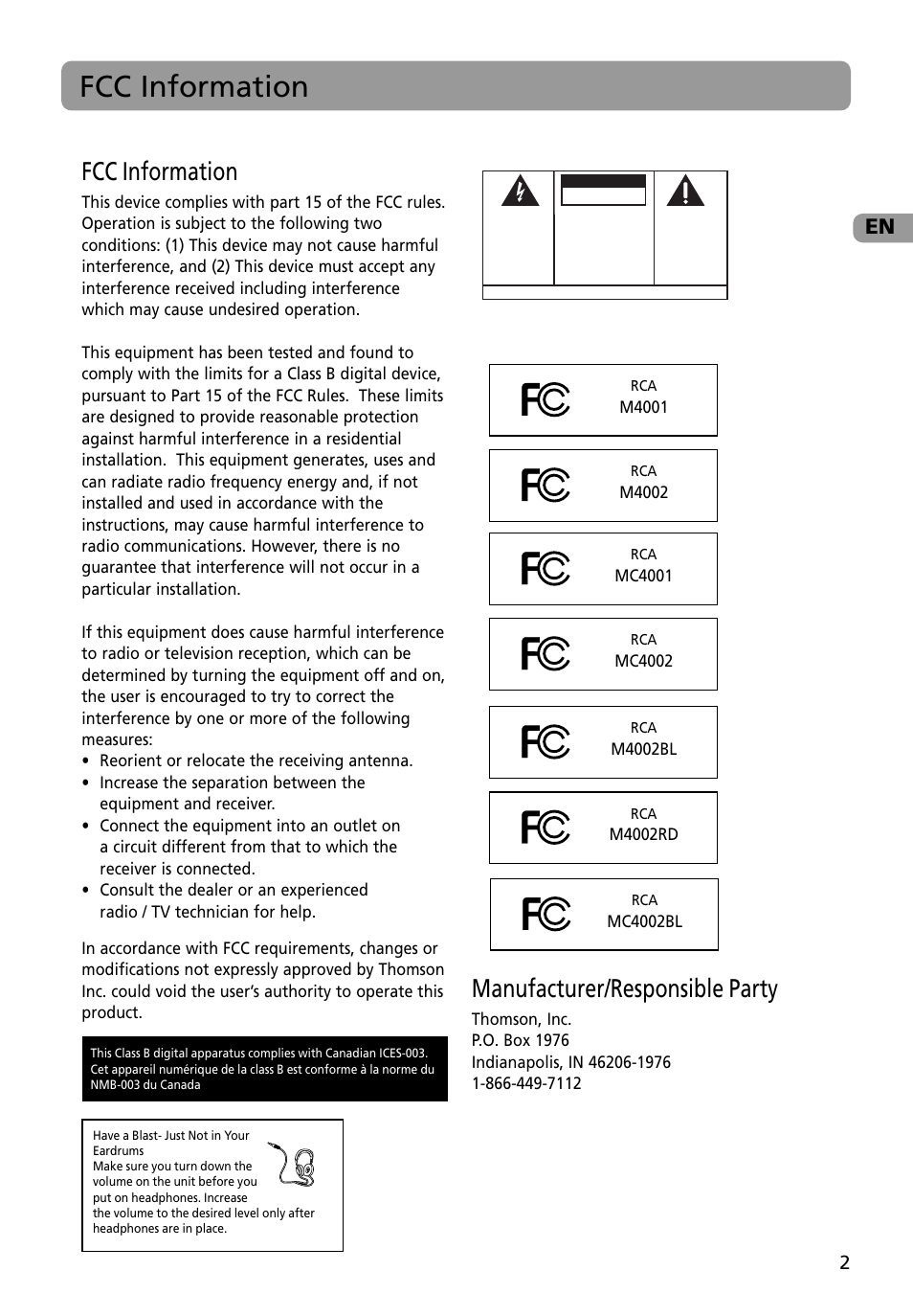 Fcc information, Manufacturer/responsible party | RCA M4002BL User Manual | Page 3 / 30