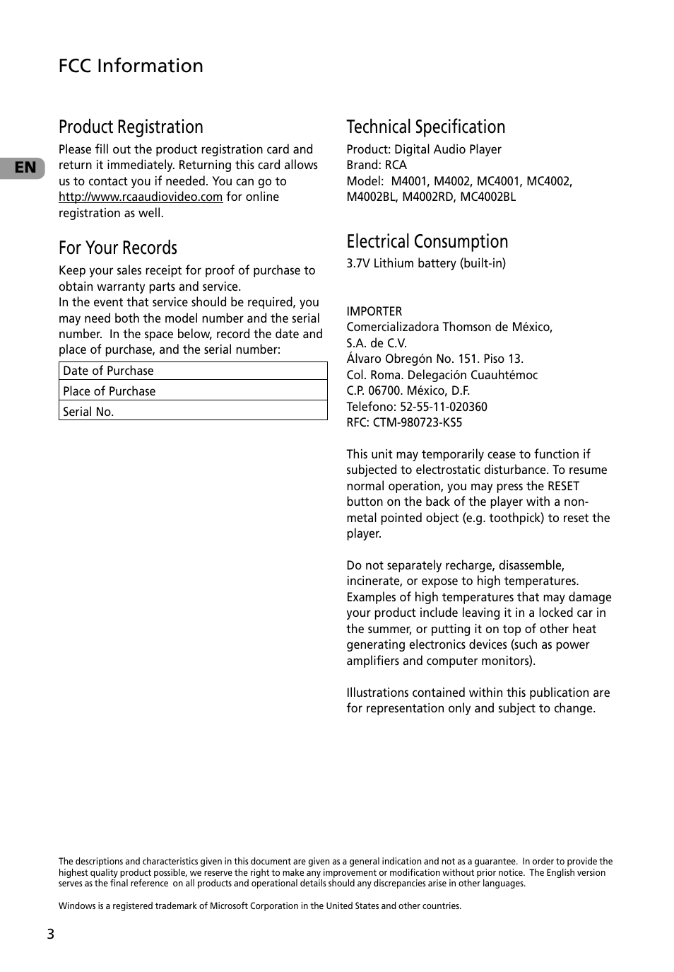 Product registration, For your records, Technical specification | Electrical consumption, Fcc information | RCA M4002BL User Manual | Page 4 / 30