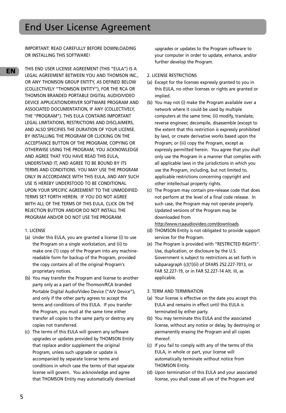 End user license agreement | RCA M4002BL User Manual | Page 6 / 30