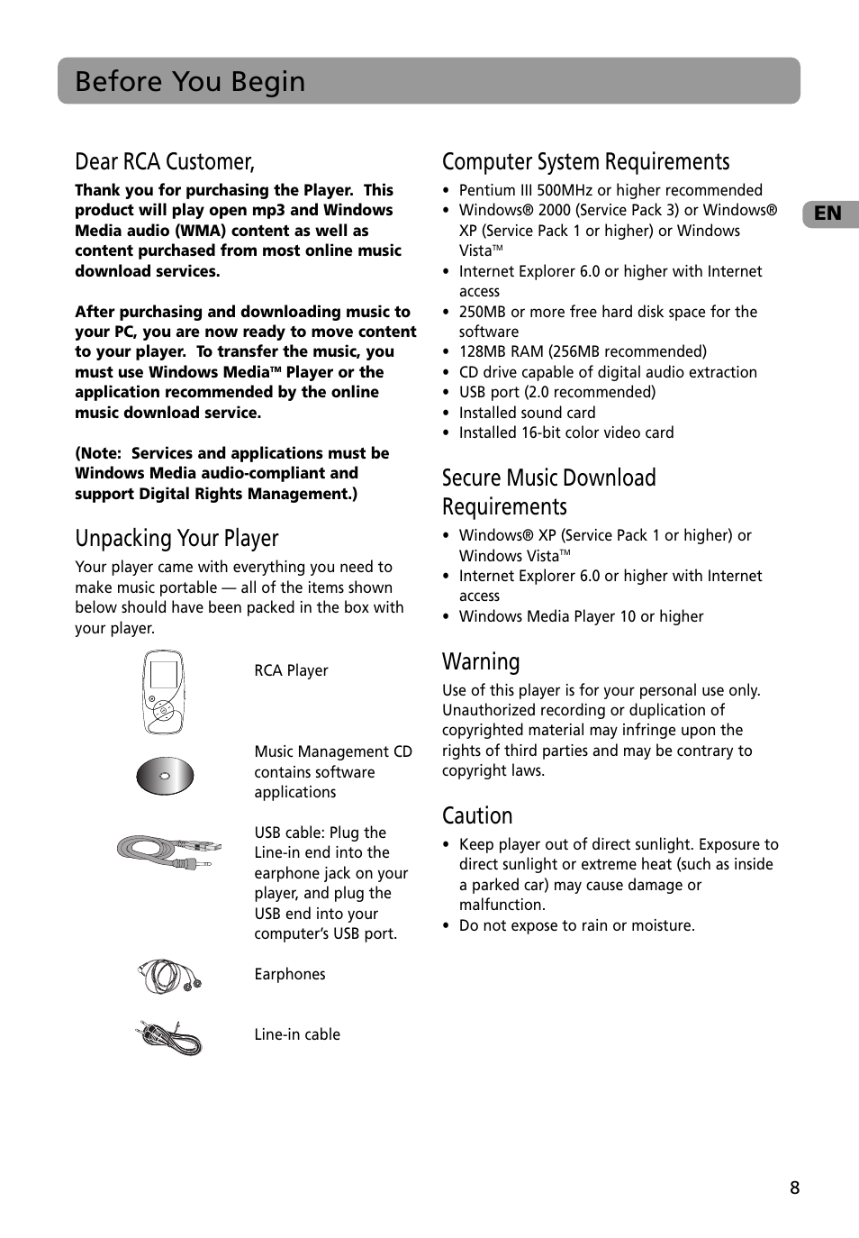 Before you begin, Unpacking your player, Computer system requirements | Secure music download requirements, Warning, Caution, Dear rca customer | RCA M4002BL User Manual | Page 9 / 30