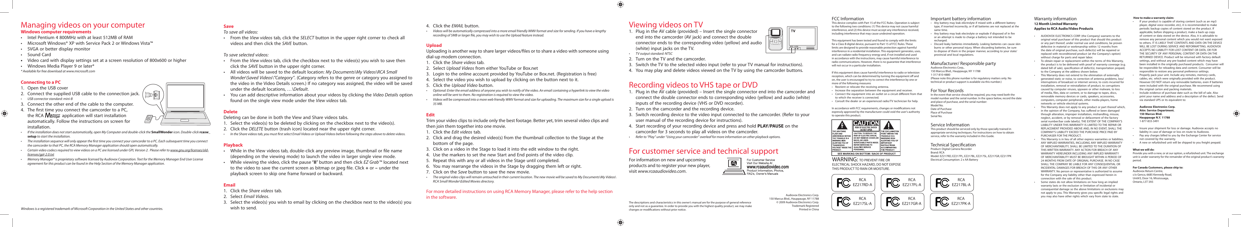 Managing videos on your computer, Viewing videos on tv, Recording videos to vhs tape or dvd | For customer service and technical support, Warning | RCA SMALL WONDER EZ217PK User Manual | Page 2 / 2