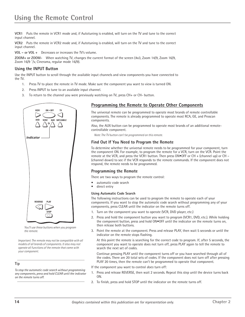 Using the remote control, Programming the remote to operate other components, 14 chapter 2 | Using the input button, Find out if you need to program the remote, Programming the remote | RCA D34W20 User Manual | Page 16 / 32