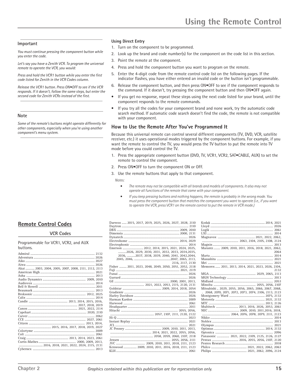 Using the remote control, Remote control codes, Chapter 2 15 | How to use the remote after you’ve programmed it | RCA D34W20 User Manual | Page 17 / 32