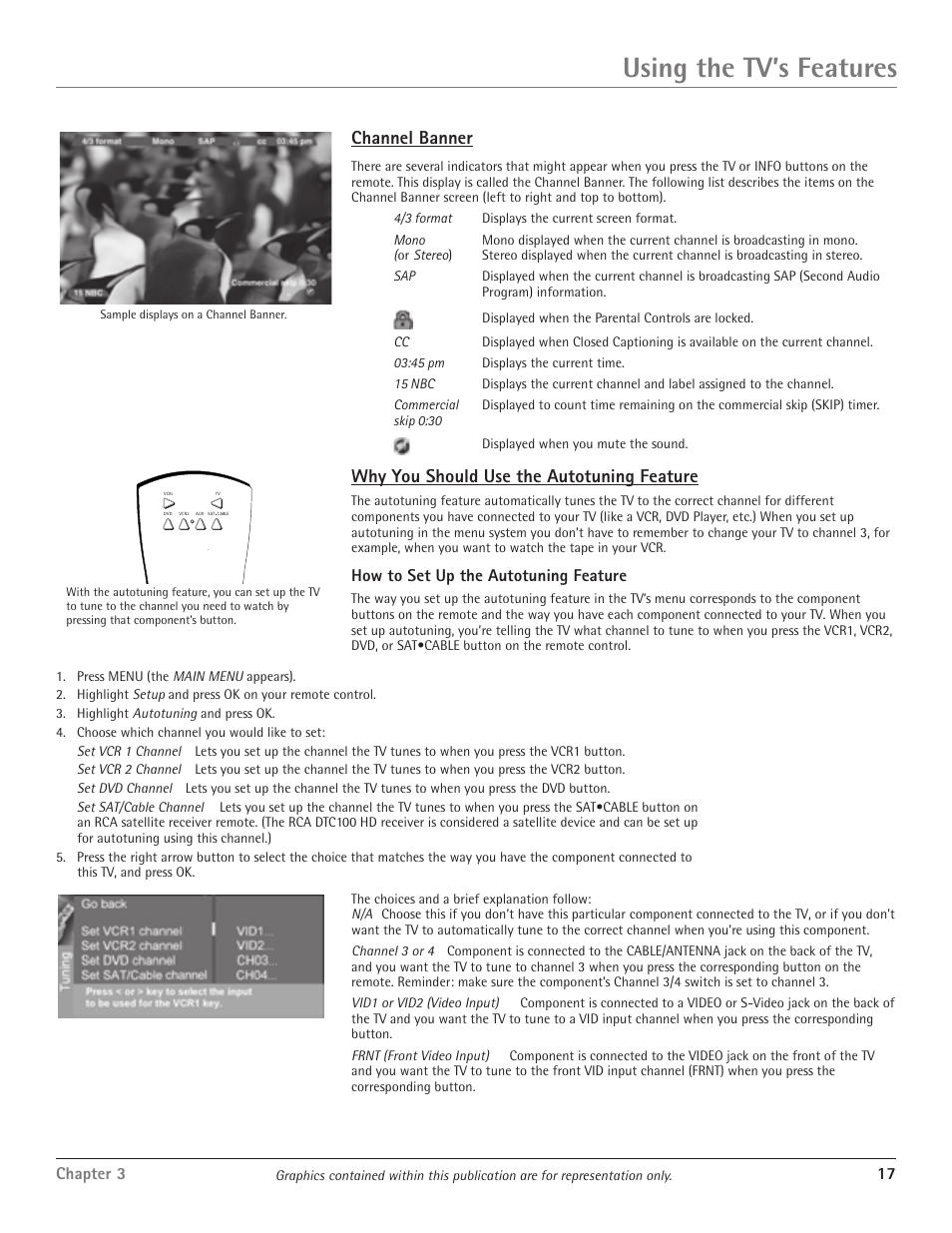 Using the tv’s features, Channel banner, Why you should use the autotuning feature | Chapter 3 17, How to set up the autotuning feature | RCA D34W20 User Manual | Page 19 / 32