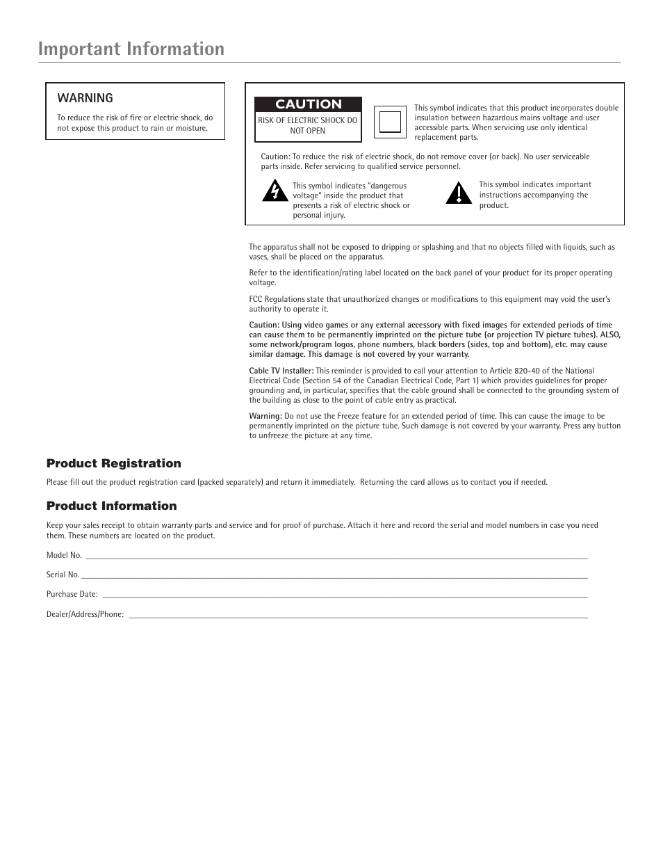 Important information, Warning, Caution | RCA D34W20 User Manual | Page 2 / 32