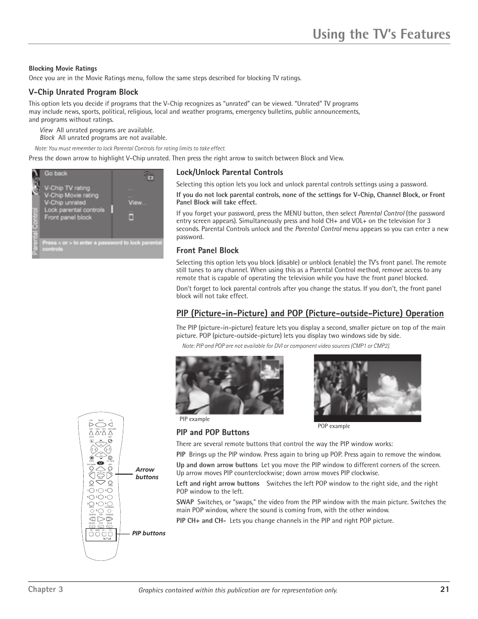 Using the tv’s features, Chapter 3 21, V-chip unrated program block | Lock/unlock parental controls, Front panel block, Pip and pop buttons, Arrow buttons pip example pop example | RCA D34W20 User Manual | Page 23 / 32