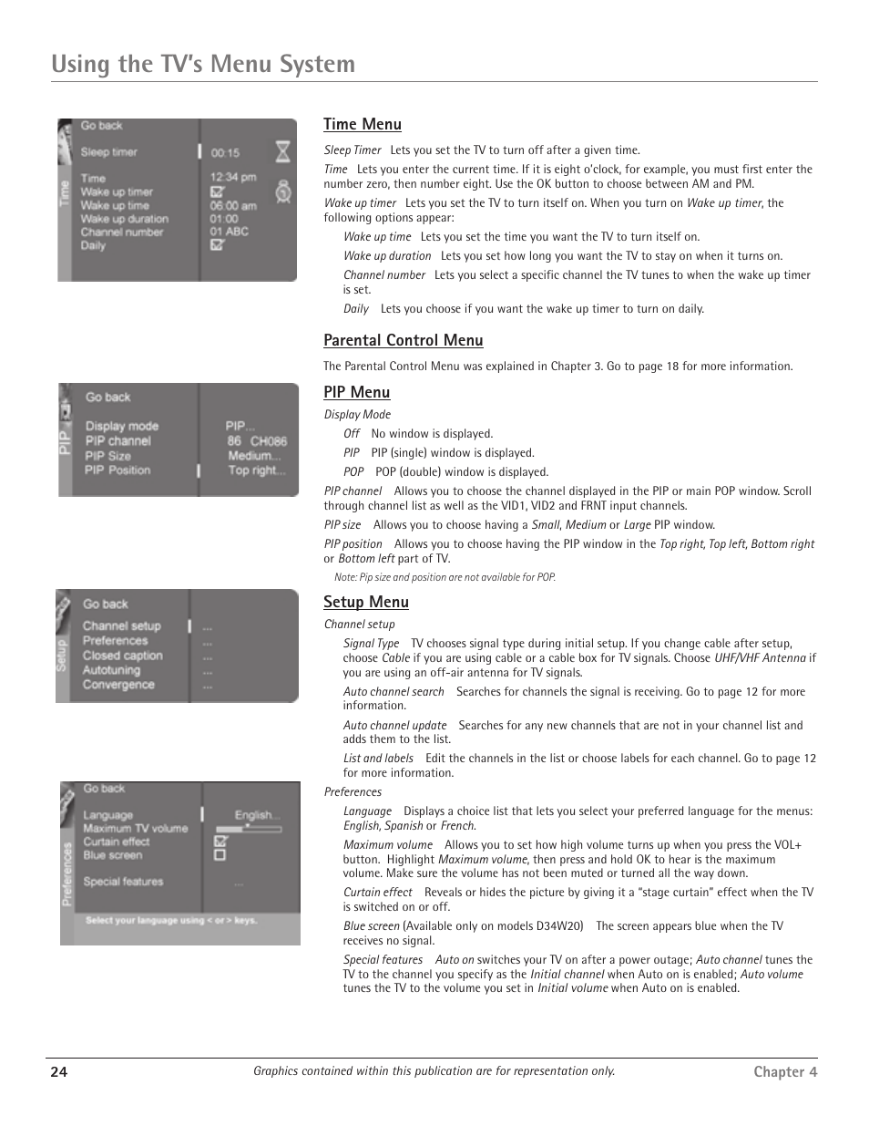 Using the tv’s menu system, Time menu, Parental control menu | Pip menu, Setup menu | RCA D34W20 User Manual | Page 26 / 32