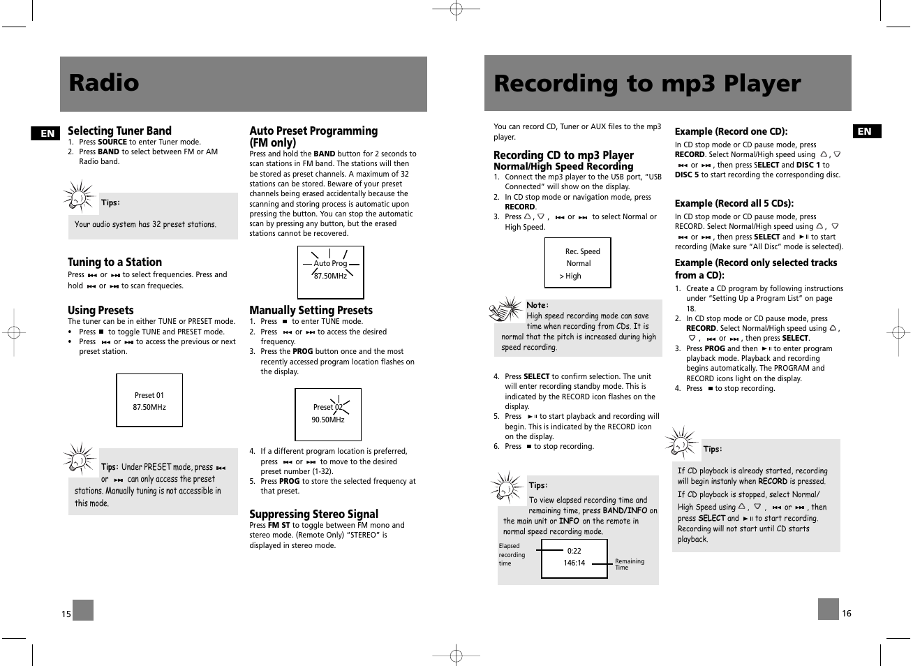 Radio, Recording to mp3 player | RCA RD2056A User Manual | Page 11 / 18