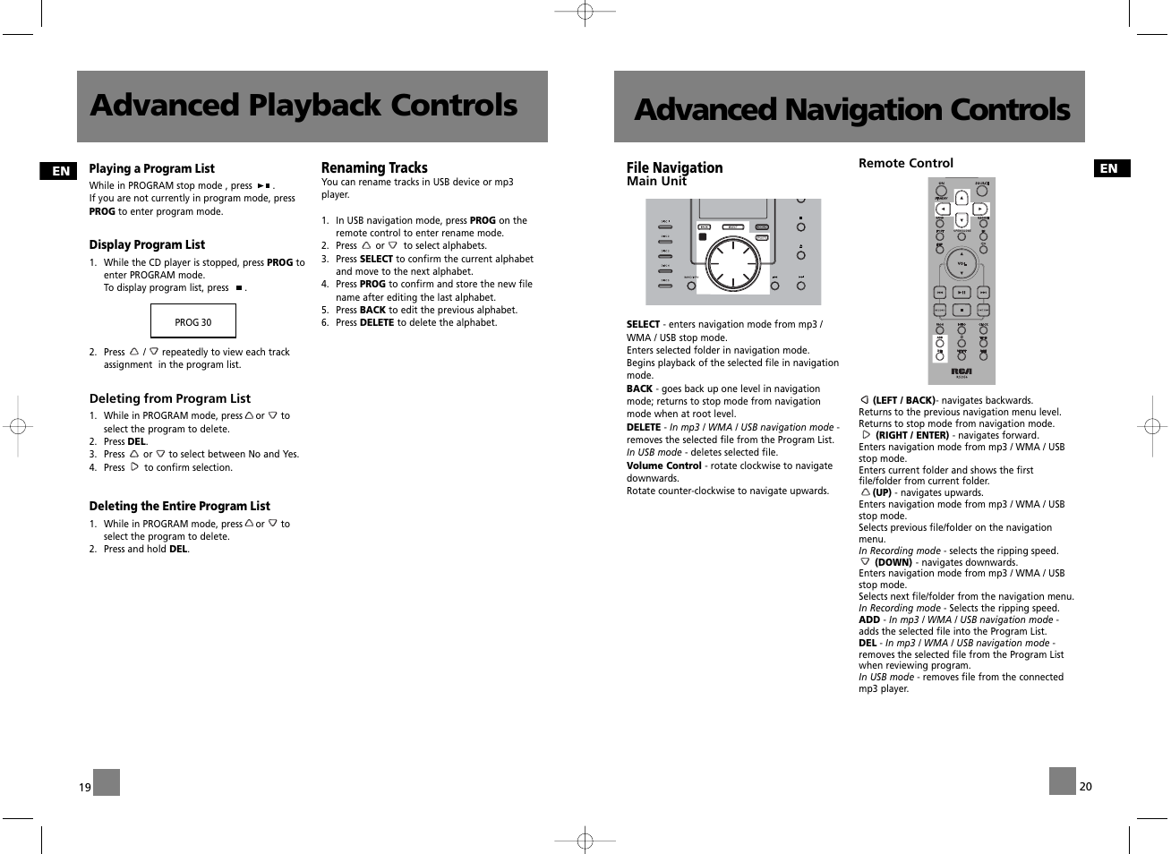 Advanced playback controls, Advanced navigation controls | RCA RD2056A User Manual | Page 13 / 18