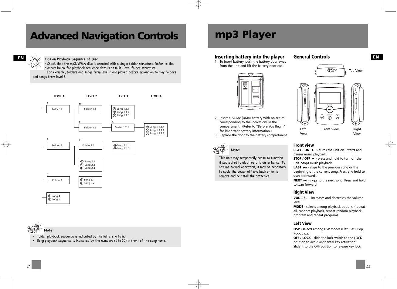 Advanced navigation controls, Mp3 player, Inserting battery into the player | General controls | RCA RD2056A User Manual | Page 14 / 18