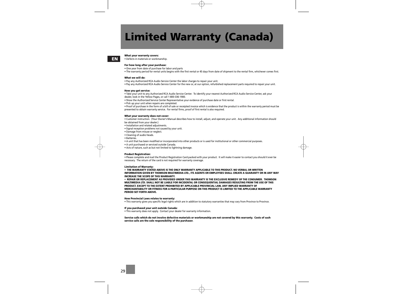 Limited warranty (canada) | RCA RD2056A User Manual | Page 18 / 18