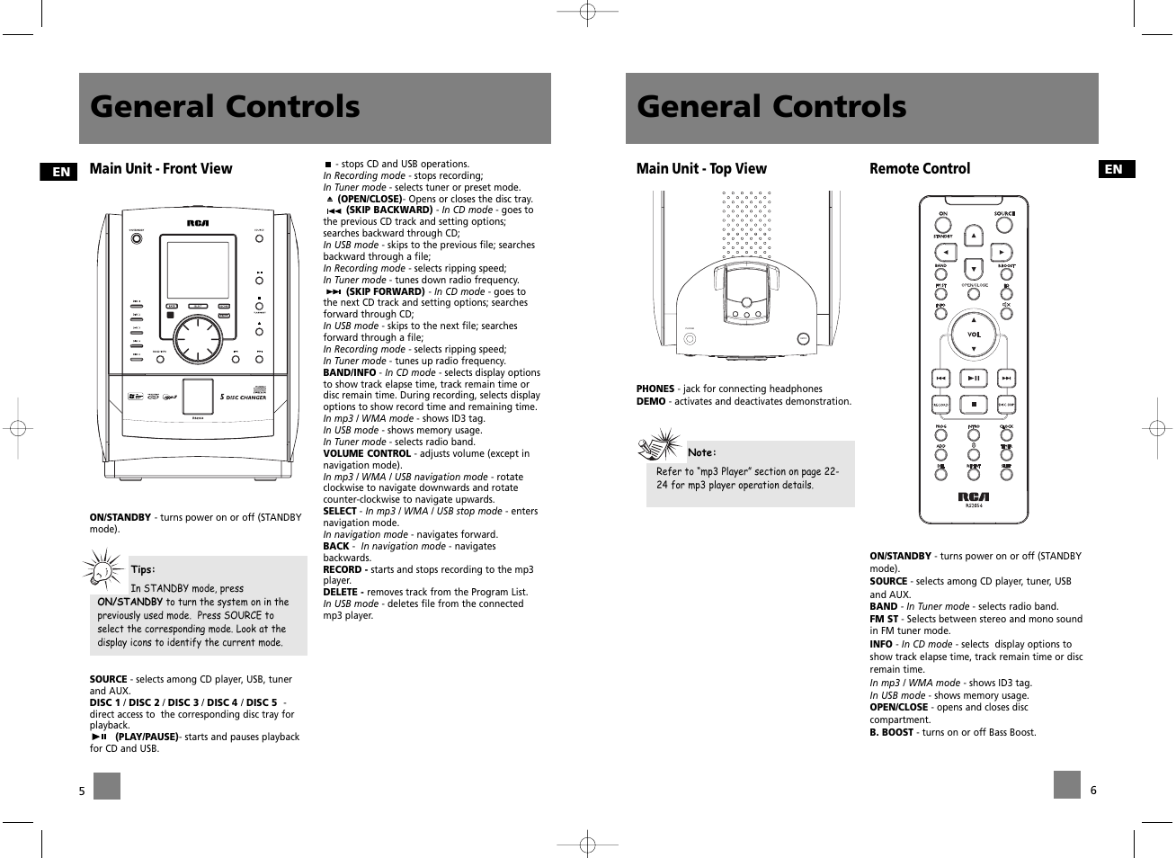General controls, Phones demo | RCA RD2056A User Manual | Page 6 / 18