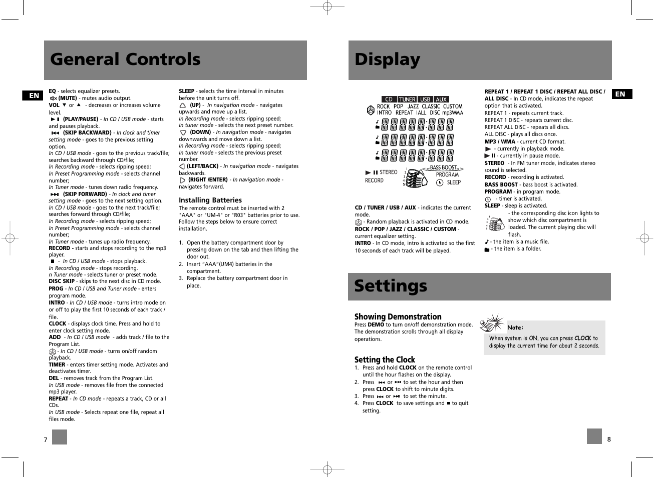 General controls, Display, Settings | RCA RD2056A User Manual | Page 7 / 18