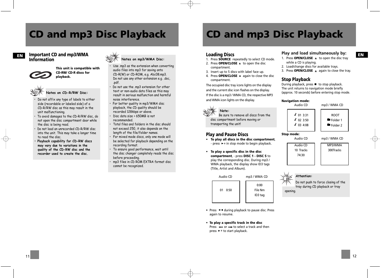 Cd and mp3 disc playback, Loading discs, Play and pause discs | Stop playback, Important cd and mp3/wma information | RCA RD2056A User Manual | Page 9 / 18