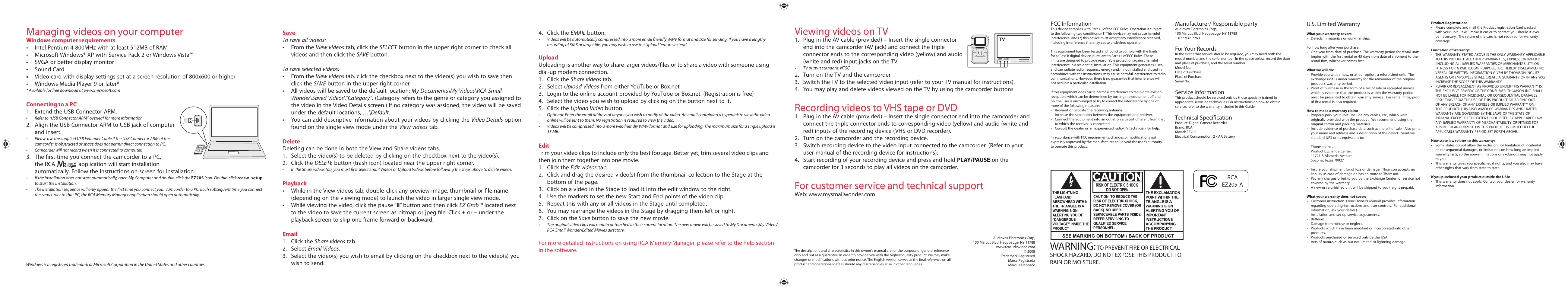 Managing videos on your computer, Viewing videos on tv, Recording videos to vhs tape or dvd | For customer service and technical support, Warning | RCA EZ205 User Manual | Page 2 / 2