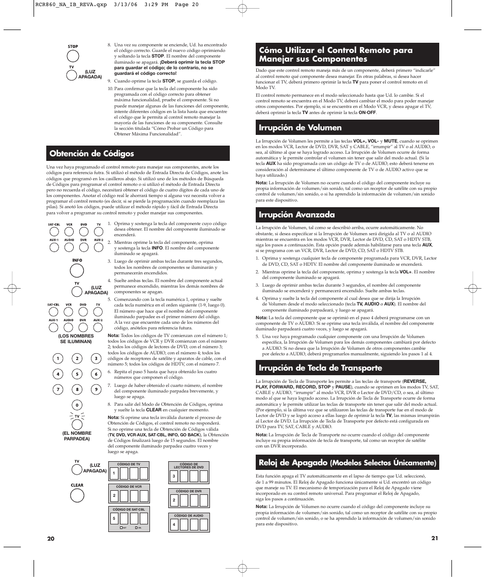 Obtención de códigos, Irrupción avanzada, Irrupción de tecla de transporte | Reloj de apagado, Modelos selectos únicamente) | RCA NAVILIGHT8 RCR860 User Manual | Page 11 / 12
