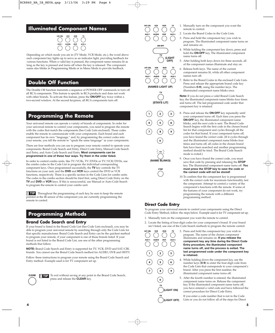 Illuminated component names, Programming methods, Programming the remote | Double off function | RCA NAVILIGHT8 RCR860 User Manual | Page 3 / 12