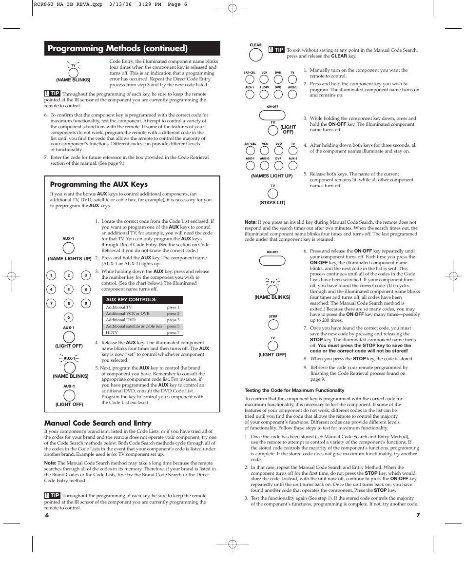 Programming methods (continued), Programming the aux keys, Manual code search and entry | RCA NAVILIGHT8 RCR860 User Manual | Page 4 / 12