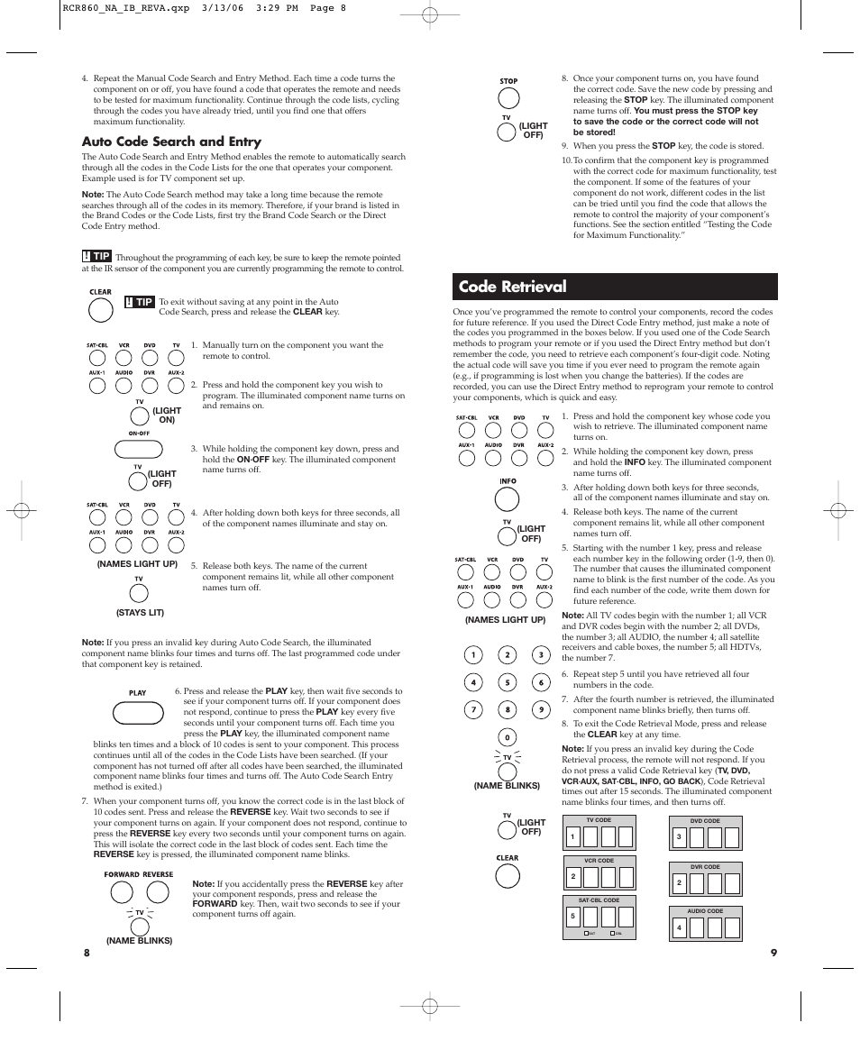 Code retrieval, Auto code search and entry | RCA NAVILIGHT8 RCR860 User Manual | Page 5 / 12