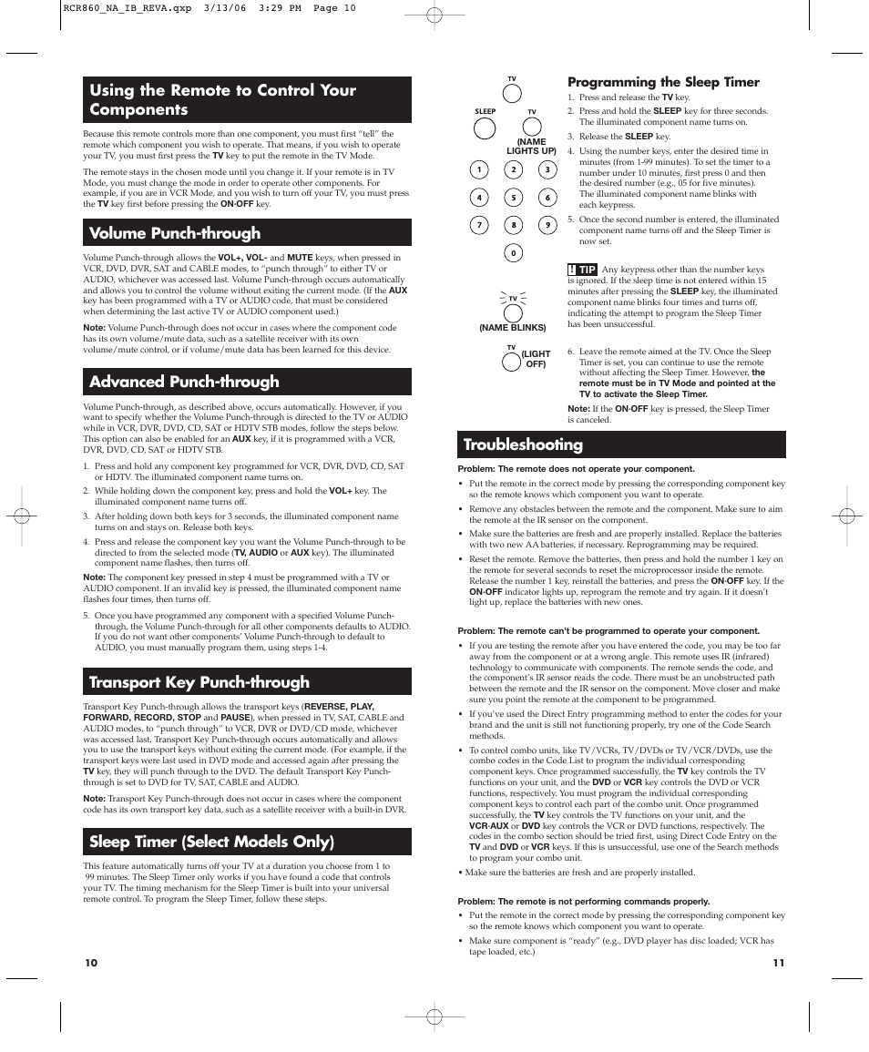 Advanced punch-through, Transport key punch-through, Sleep timer (select models only) | Troubleshooting | RCA NAVILIGHT8 RCR860 User Manual | Page 6 / 12