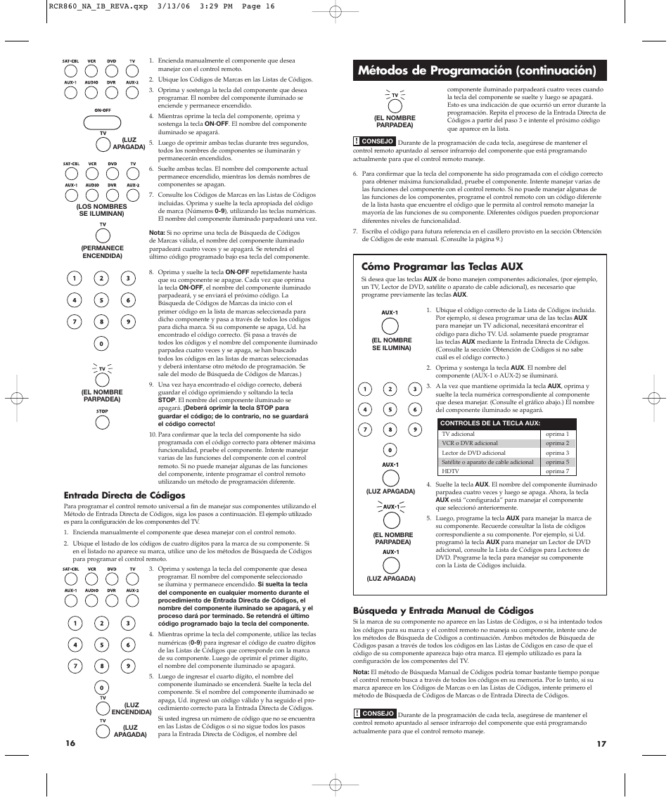 Métodos de programación (continuación), Cómo programar las teclas aux | RCA NAVILIGHT8 RCR860 User Manual | Page 9 / 12