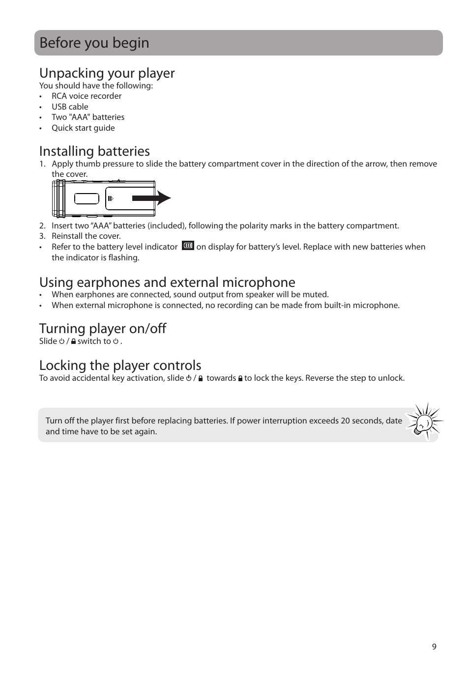 Before you begin, Unpacking your player, Installing batteries | Using earphones and external microphone, Turning player on/off, Locking the player controls | RCA VR5340 User Manual | Page 10 / 24