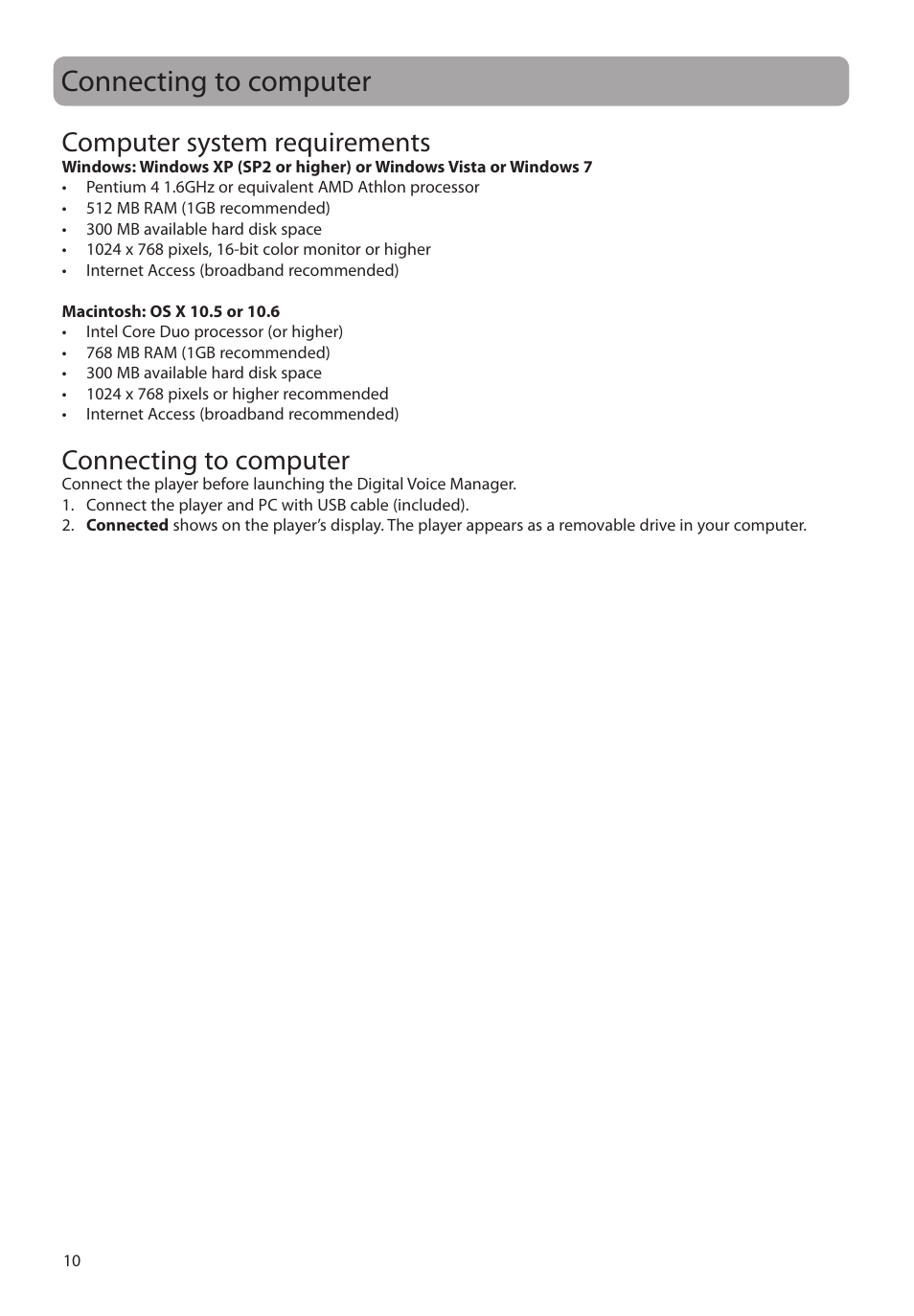 Computer system requirements, Connecting to computer | RCA VR5340 User Manual | Page 11 / 24