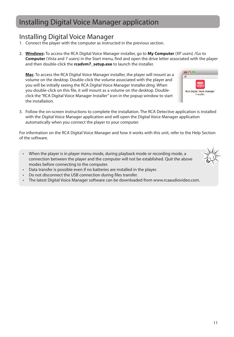 Installing digital voice manager application, Installing digital voice manager | RCA VR5340 User Manual | Page 12 / 24